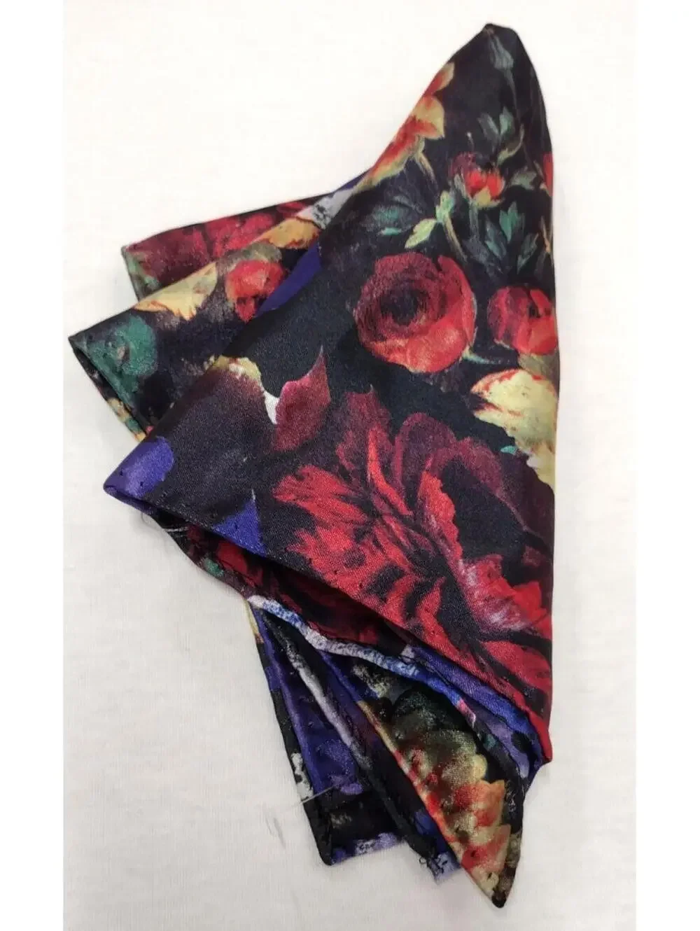 Vintage Floral Black Satin Hankie Men's Handkerchief Roses Print 13 x 13 inches